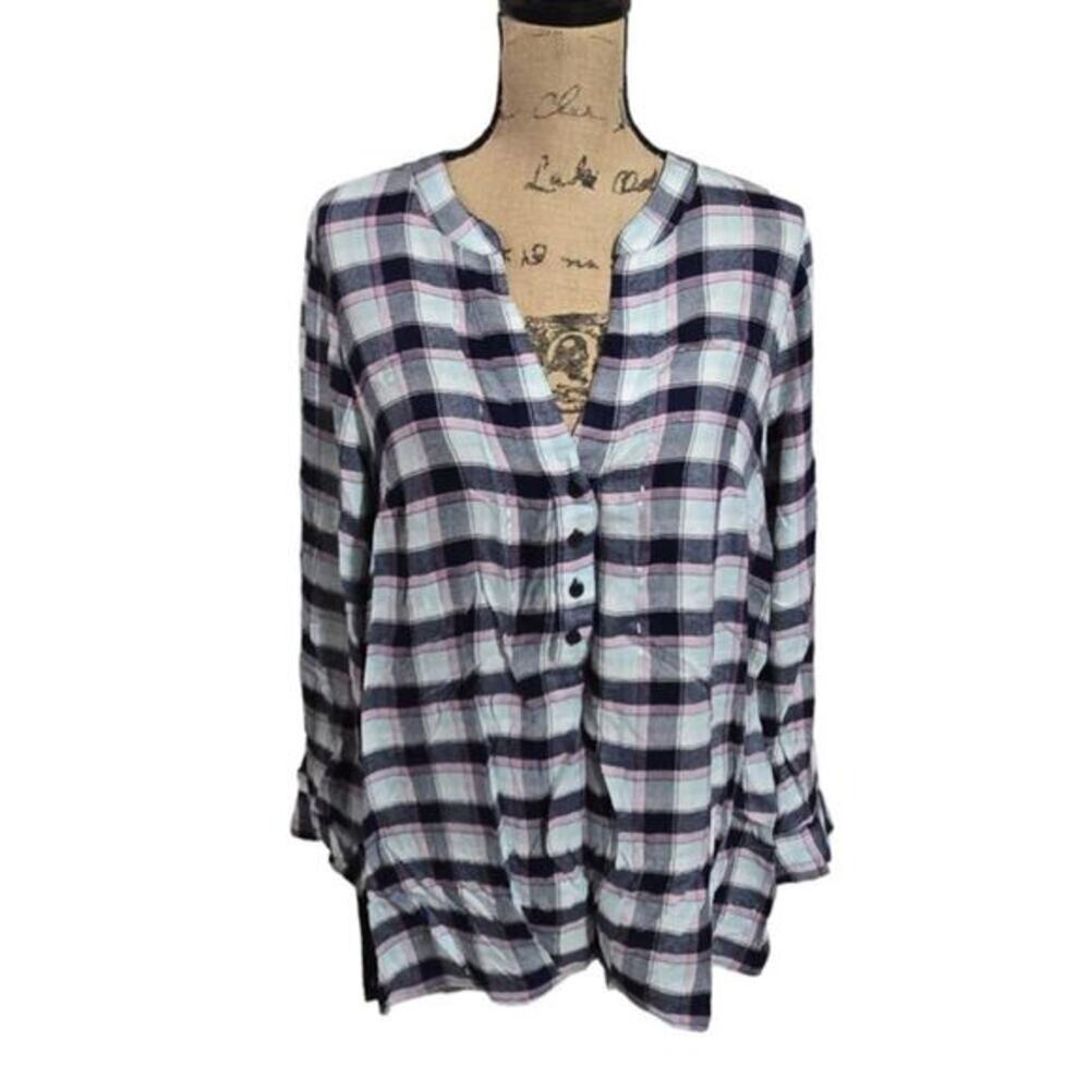Lane Bryant Plaid Metallic‎ Shimmer Split Neck Blouse Navy Blue Pink 10/12 Large